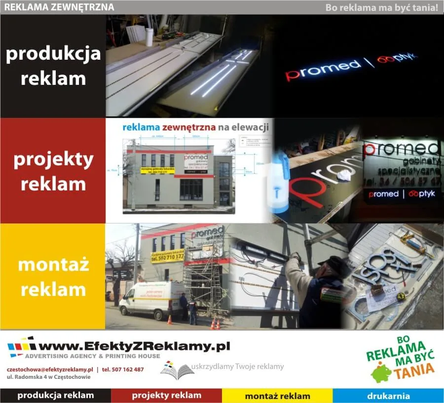 kolaż zdjęć z wykonania zewnętrznej reklamy świetlnej oraz liter przestrzennych ze styroduru