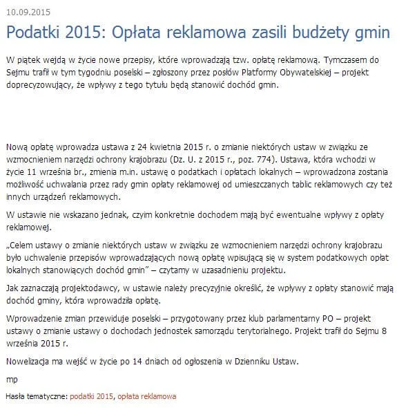 screen artykułu o opłacie reklamowej